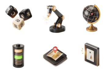 Premium 3D Black and Gold Icon Collection – Tech, Vintage & Smart Home Symbols