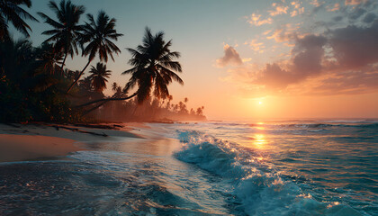 Golden sunset at a tropical beach with silhouette palm trees