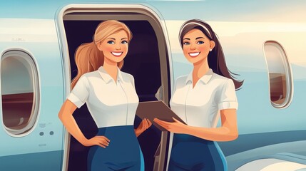 Charming air hostesses welcome passengers aboard a private jet with luxury travel