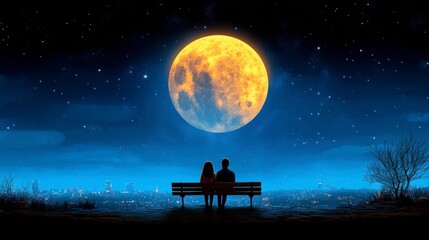 Fototapeta premium Pixel Art Couple Silhouetted Against a Giant Yellow Moon and Starry Night Sky