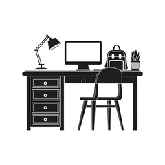 Modern office setup vector in silhouette style, showing desk, monitor, keyboard, and chair&mdash;ideal for business or educational use.