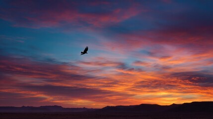 Bird soars in vibrant sunrise sky over desert