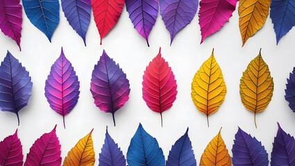 Obraz premium Seamless bottom border of colorful skeleton leaves with detailed vein patterns in vibrant hues on a pure white background, minimal flat lay composition with empty copy space above