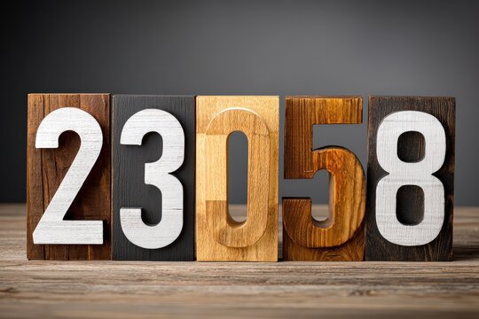 Number Blocks 2 3 0 5 8 Wooden Numeric Figures on Rustic Surface