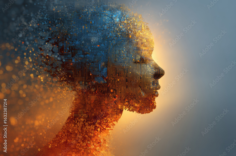 Poster digital artwork of human profile blending with circuit patterns, symbolizing fusion of technology an