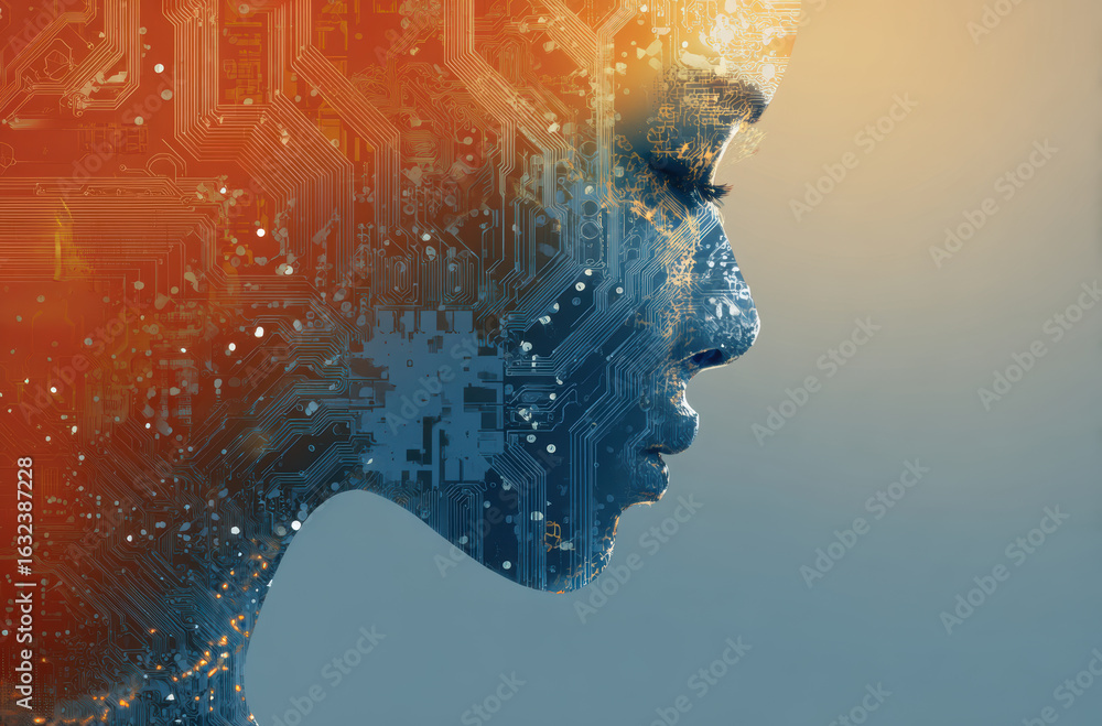 Poster digital profile of human face blends with circuit patterns, symbolizing fusion of technology and hum