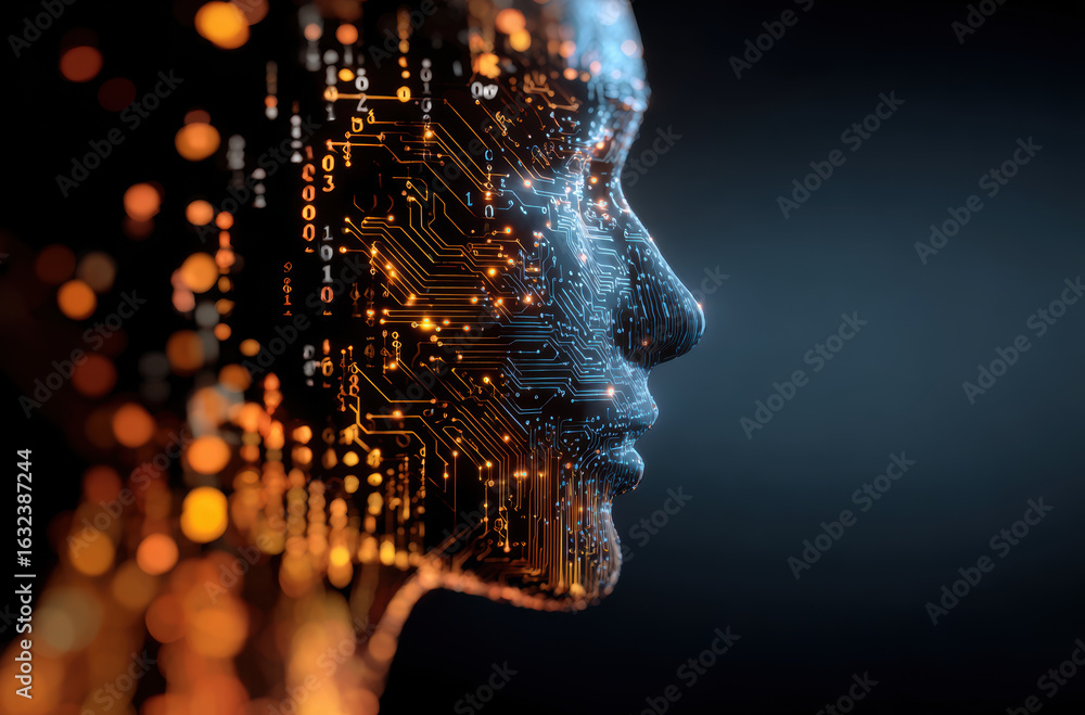 Poster digital face with circuit patterns symbolizes ai and technology, glowing with orange and blue lights