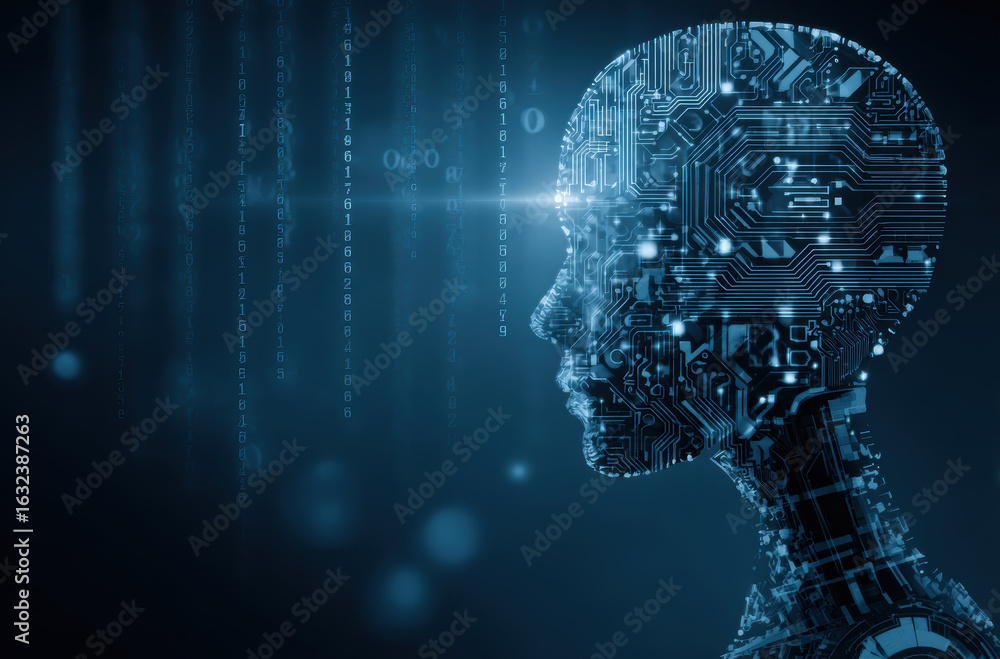 Poster digital human head with circuit patterns symbolizes artificial intelligence and technology innovatio