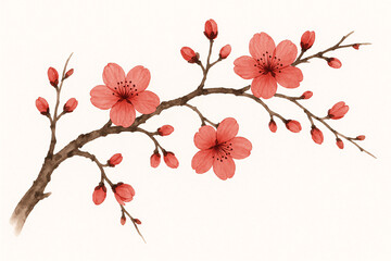 Watercolor plum blossom branch with red flowers and buds, minimalist floral botanical illustration on white background
