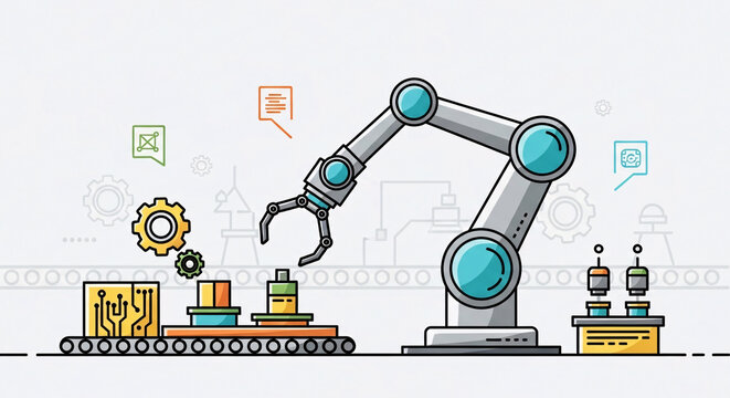 Futuristic robotic arm on an automated factory production line with a conveyor belt.