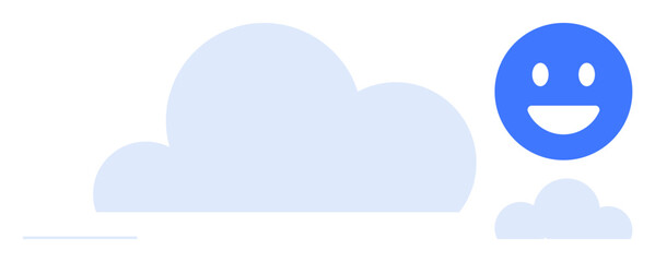 Blue smiling face and soft clouds in a clean layout represent joy and positivity. Ideal for happiness, mental health, wellness, optimism, creativity, communication, simple landing page