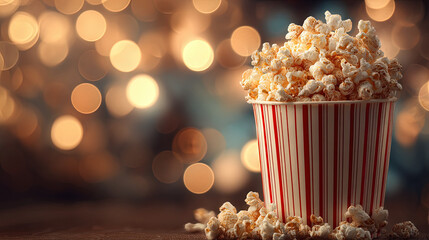 popcorn in bucket with bokeh background