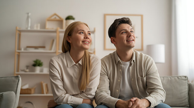 A young couple smiles, looking upwards with joy and contentment in a cozy living room.