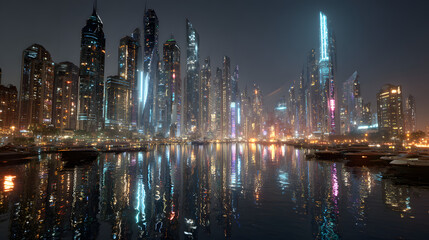 Obraz premium Futuristic city skyline with illuminated skyscrapers reflecting on water at night