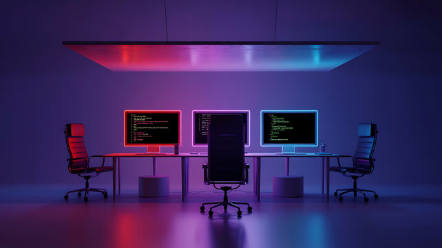 Neon-lit workspace with multiple monitors displaying code, suggesting digital innovation and technology.