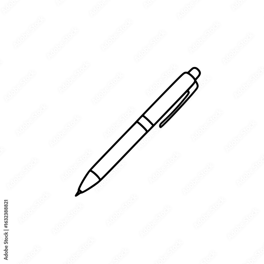 Poster simple line drawing of a ballpoint pen in profile view, simple line sketch in minimalist style