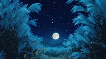 Obraz premium A full moon rises over a dreamy, blue-tinted field of tall grasses under a clear, starry night sky