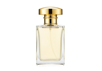 Elegant rectangular glass perfume bottle with clear amber liquid and a luxurious golden capon transparent background.