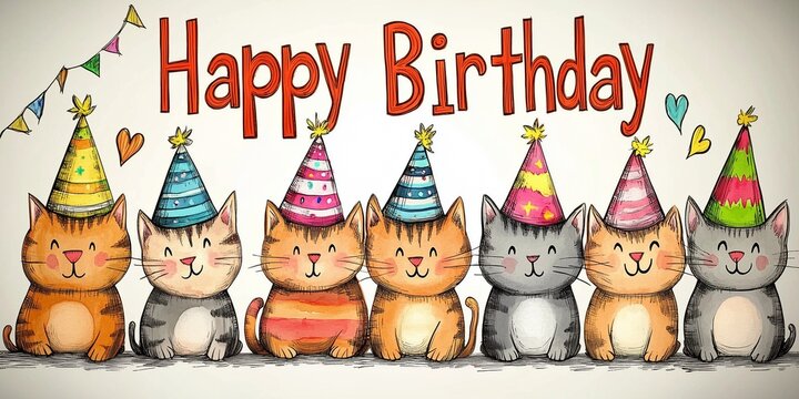 Illustration of Cute Cartoon Cats Wearing Colorful Party Hats. Happy Birthday Card.