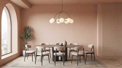 Fototapeta premium Elegant dining room with warm tones, modern lighting, and minimalist furniture arrangement.