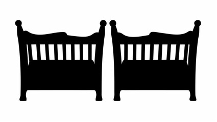 Two identical black silhouette beds with headboards and footboards facing forward on a white background space