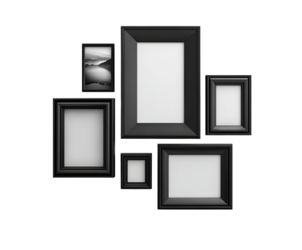 Black picture frames in a gallery wall arrangement.  Several empty frames, one with a grayscale image, are grouped on a dark background