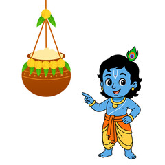 Little krishna pointing at dahi handi- janmashtami celebration illustration, png image 