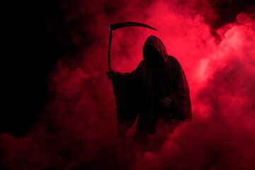 Mysterious figure in dark robe holding a scythe amidst swirling red smoke in a dramatic scene