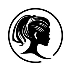 Stylish woman with ponytail hairstyle within a circle frame in a minimalist design suitable for logos, branding, and beauty themes.
