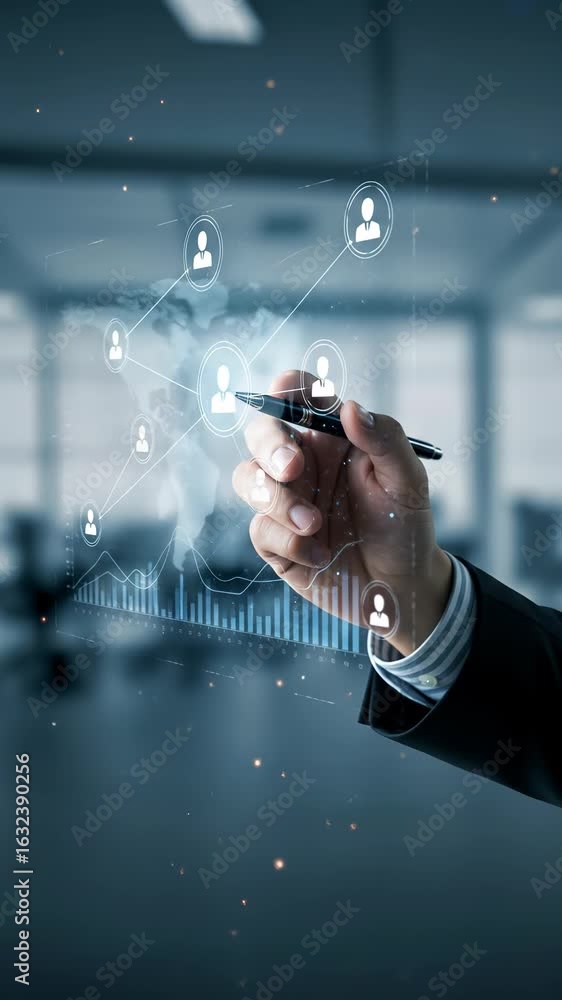 Poster global business network: a man connects customer relationships through a virtual worldwide network a