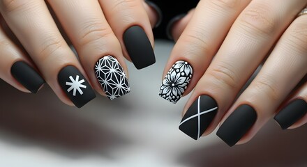 Black matte manicure with white floral and geometric nail art