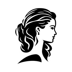 Elegant hairstyle design featuring a black and white graphic of a woman with flowing hair, perfect for salon branding and beauty related visuals.