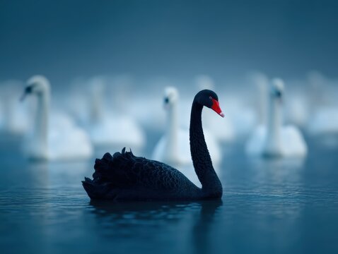 A black swan gracefully swims in the foreground, surrounded by blurred white swans on a calm, misty blue lake