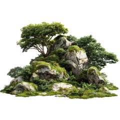 Lush, rocky outcrop with trees and moss