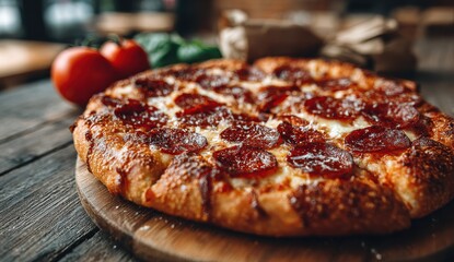 A delicious pepperoni pizza beautifully presented on a rustic wooden table perfect for sharing with friends and family enjoying a meal together