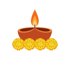 Traditional diya with marigold flowers for indian festival, png image 