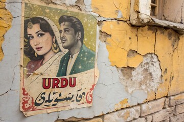Vintage Urdu film poster featuring classic actors pasted on a weathered, textured wall
