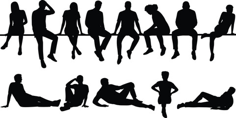 Silhouettes of diverse people sitting, relaxing, casual poses, leisure activity, black and white, vector art, design, illustration, stock photo, group