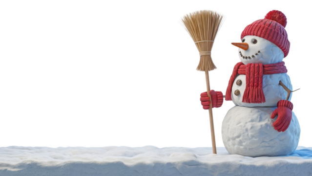 Cheerful snowman in red knit hat and scarf holding straw broom, standing on smooth snow surface, right side composition, winter holiday decoration, transparent background for seasonal use