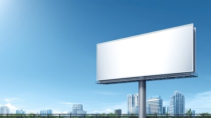Fototapeta premium A large blank billboard stands in front of a modern city skyline under a clear blue sky