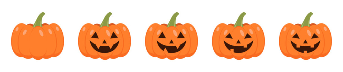 Set of halloween pumpkin with different face isolated on white background.Autumn, fall, harvest season, vegetable, plant, squash in orange.Scary, spooky, humorous jack o lantern vector clipart icon.
