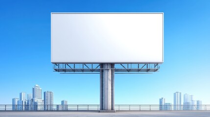 Fototapeta premium A large blank billboard stands against a clear blue sky, with modern city buildings visible in the background