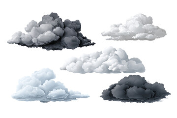 Six stylized clouds in various shades of gray and white, suggesting different weather conditions