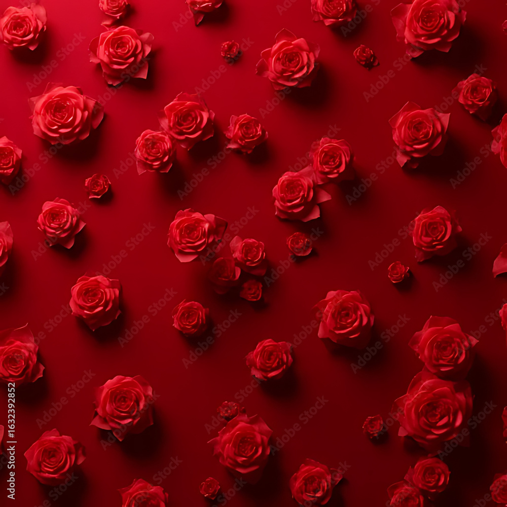 Poster scattered red roses of varying sizes on a vibrant red background creating a floral pattern with soft