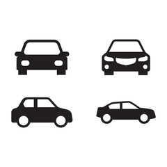 Black front view car icons set and collection