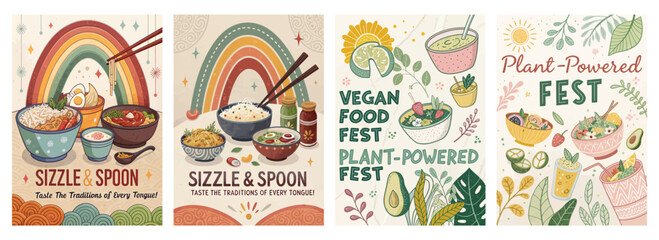 Set of four posters featuring vibrant illustrations of vegan food festivals and diverse plant-based dishes