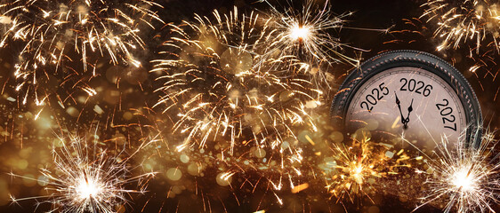 2025, 2026, 2027 New Year - Clock And Golden Fireworks - Countdown To Midnight  - Abstract Defocused Background