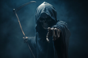 Mysterious figure in a dark cloak pointing ominously amidst a foggy background