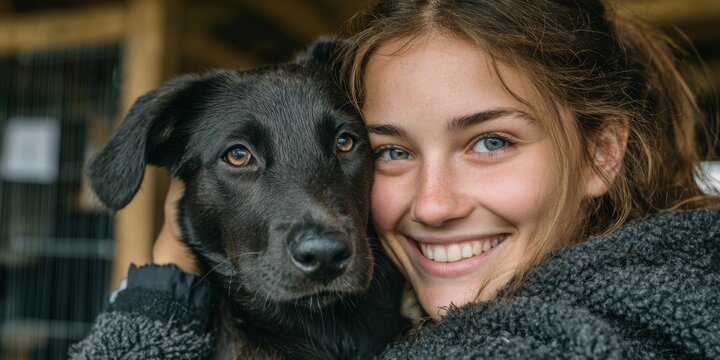 Young caucasian female smiling with black dog in cozy setting. National Walk Your Dog Week - Powered by Adobe