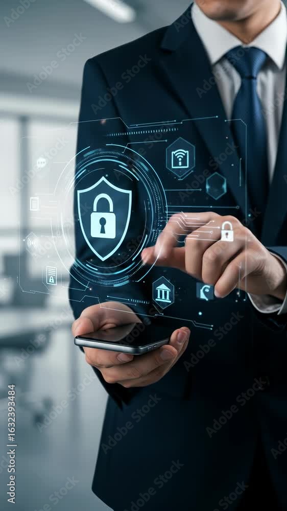 Aufkleber cyber security: businessman uses a smartphone to access secure digital network data and manage data 
